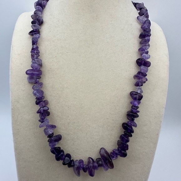 Amethyst Chips Beaded Necklace with Gold Tone Hardware - Picture 1 of 14